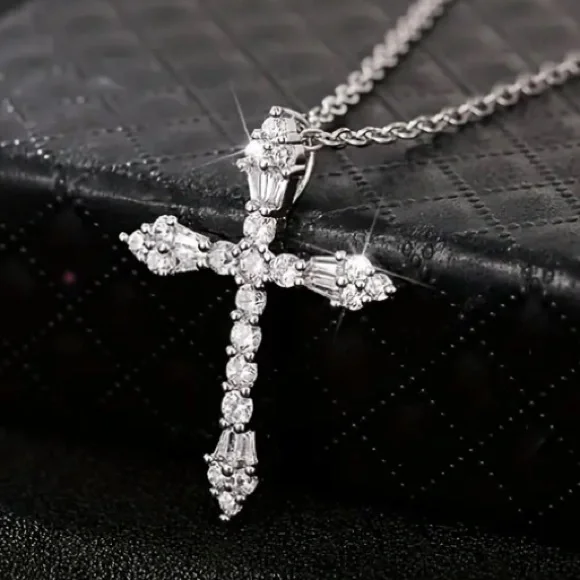 Solitaire & Baguette Diamond Cross Necklace - Picture 3 of 3
